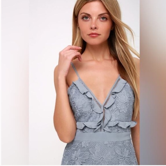 Bardot Vienna Dusty Blue Lace Midi Dress Spaghetti Strap Ruffle Crochet Lace - Picture 2 of 14